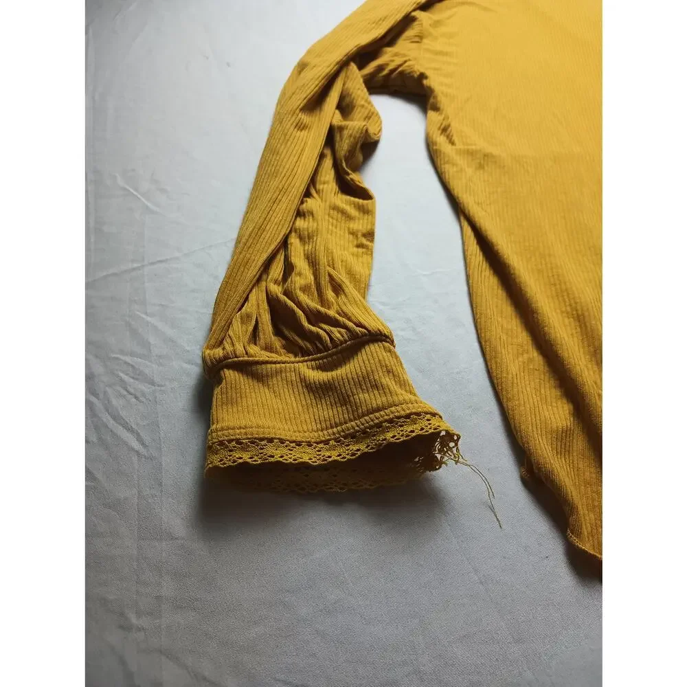 Free‎ People Blouse Top Yellow Cross Open Back Long sleeve Light Weight Rib XS